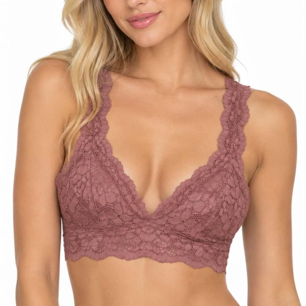 Dusty Rose Lace Racerback Bralette Plunging V-Neck Scalloped Trim